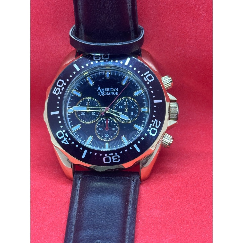 American Exchange Mens Gold Tone Chronograph Style Watch Black Leather Strap - Picture 4 of 14